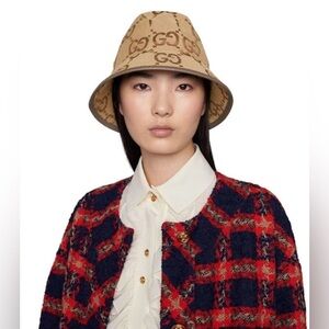 NEW GUCCI JUMBO GG LOGO BEIGE BROWN BUCKET FEDORA HAT LARGE UNISEX